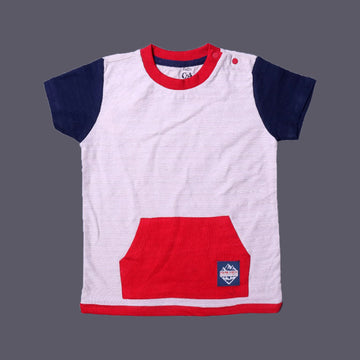 CREAM WITH BLUE SLEEVES FRONT POCKET HALF SLEEVES T-SHIRT